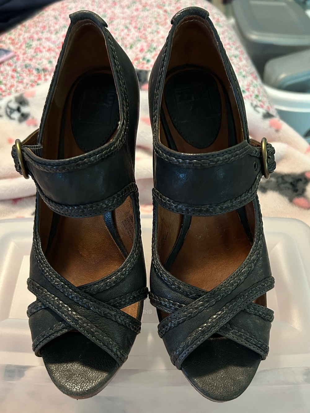 Frye Black Leather Strappy Peep-Toe Heels with Ankle Buckle